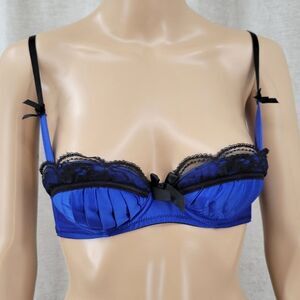 LA Senza Blue Satin and Black Lace Underwire Bra EU 70B